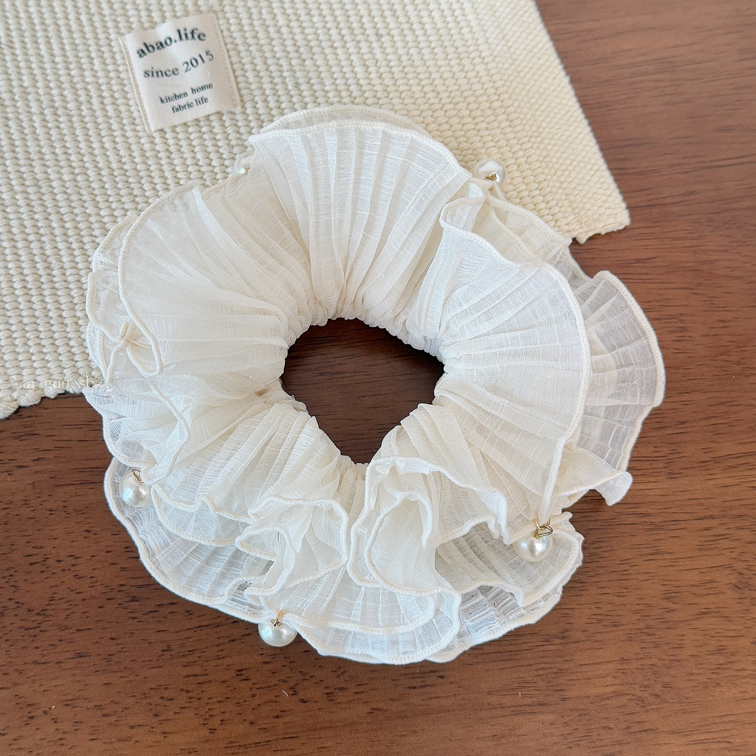 Women Summer Fairy Pearl Mesh Flower Scrunchie Hair Tie Solid Color