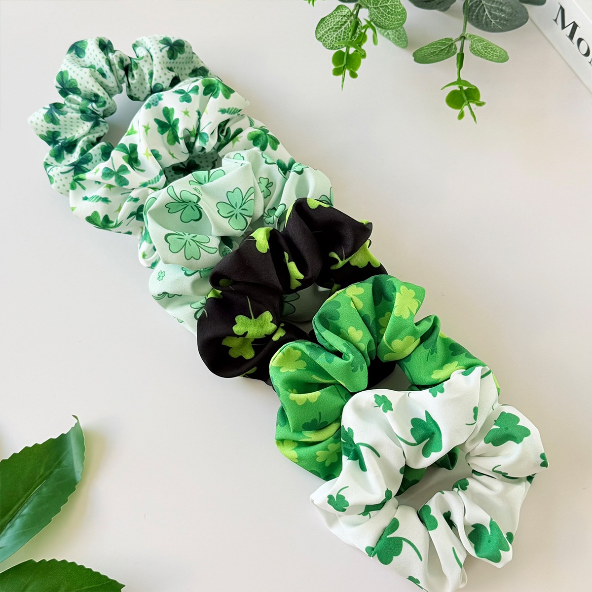 Women's Festival Party Cloth Elastic Hair Tie Green Four Leaf Clover