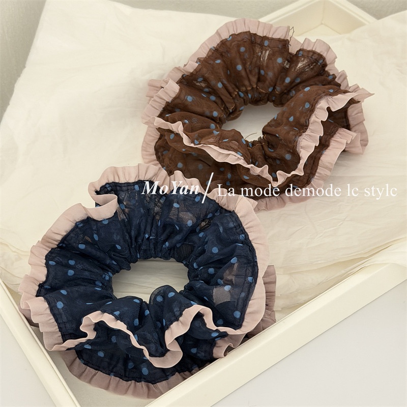 Women's Daily Soft Gauze Hair Scrunchie Navy Blue Polka Dots