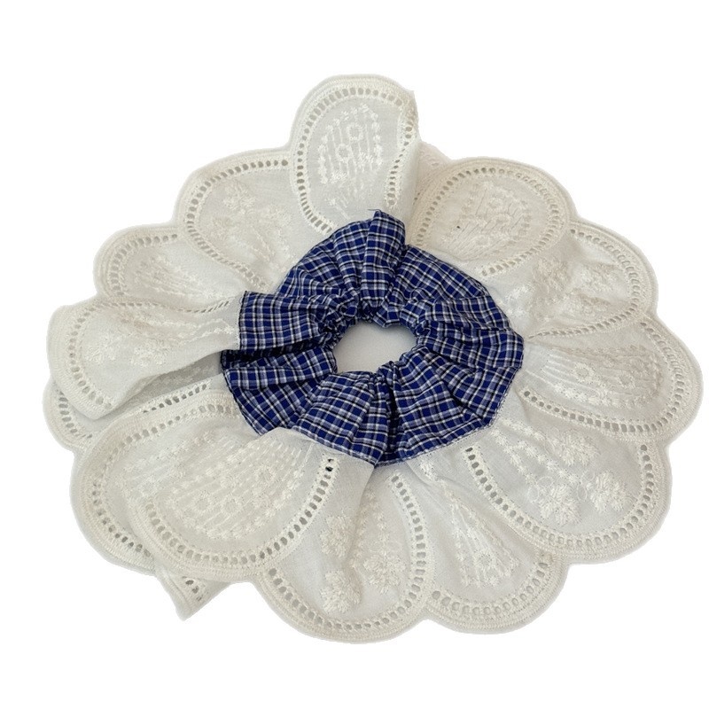 Women's All Season Cloth Scrunchie Hair Tie Grey Blue Plaid Patchwork