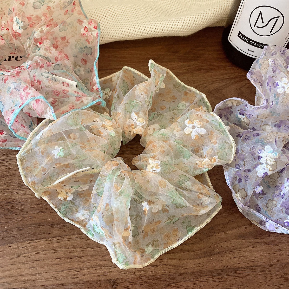 Women's Spring Summer Soft Gauze Hair Tie Scrunchie Pink Ditsy Floral