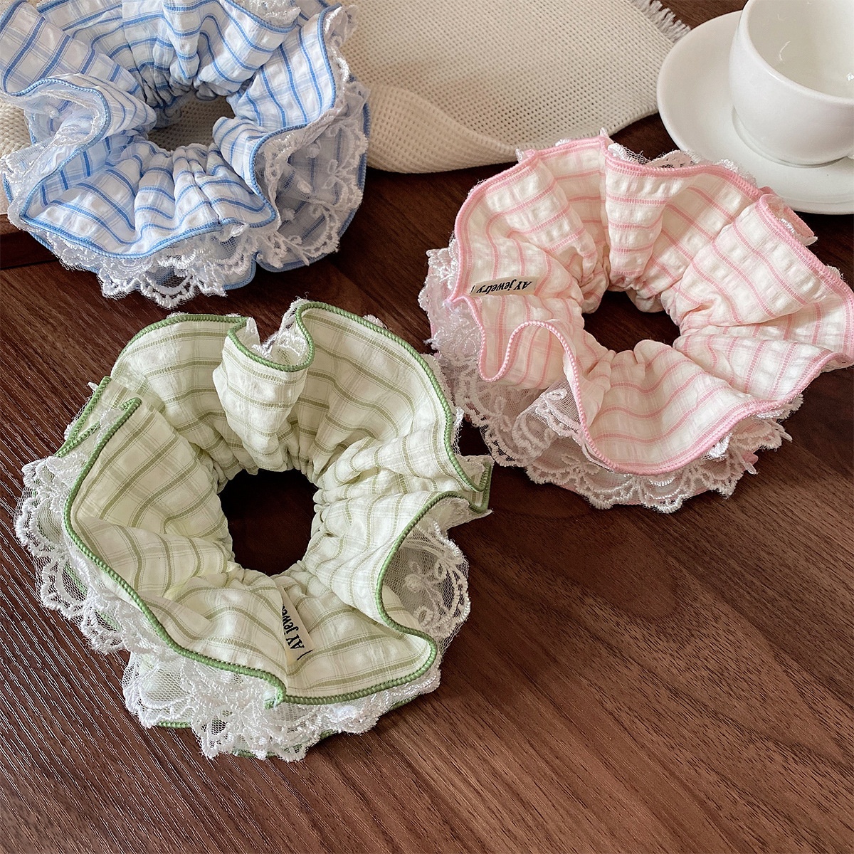 Women's Sweet Spring Soft Cloth Lace Bowknot Hair Tie Green Plaid