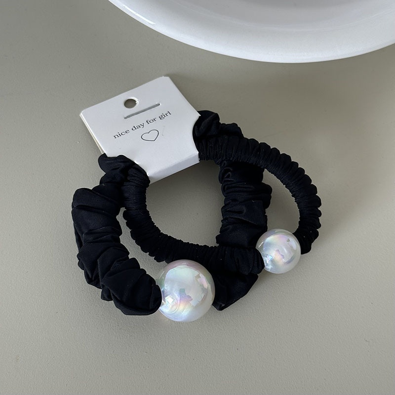 Women's All Season French Cloth Hair Tie Pair Black Coffee Round Bead