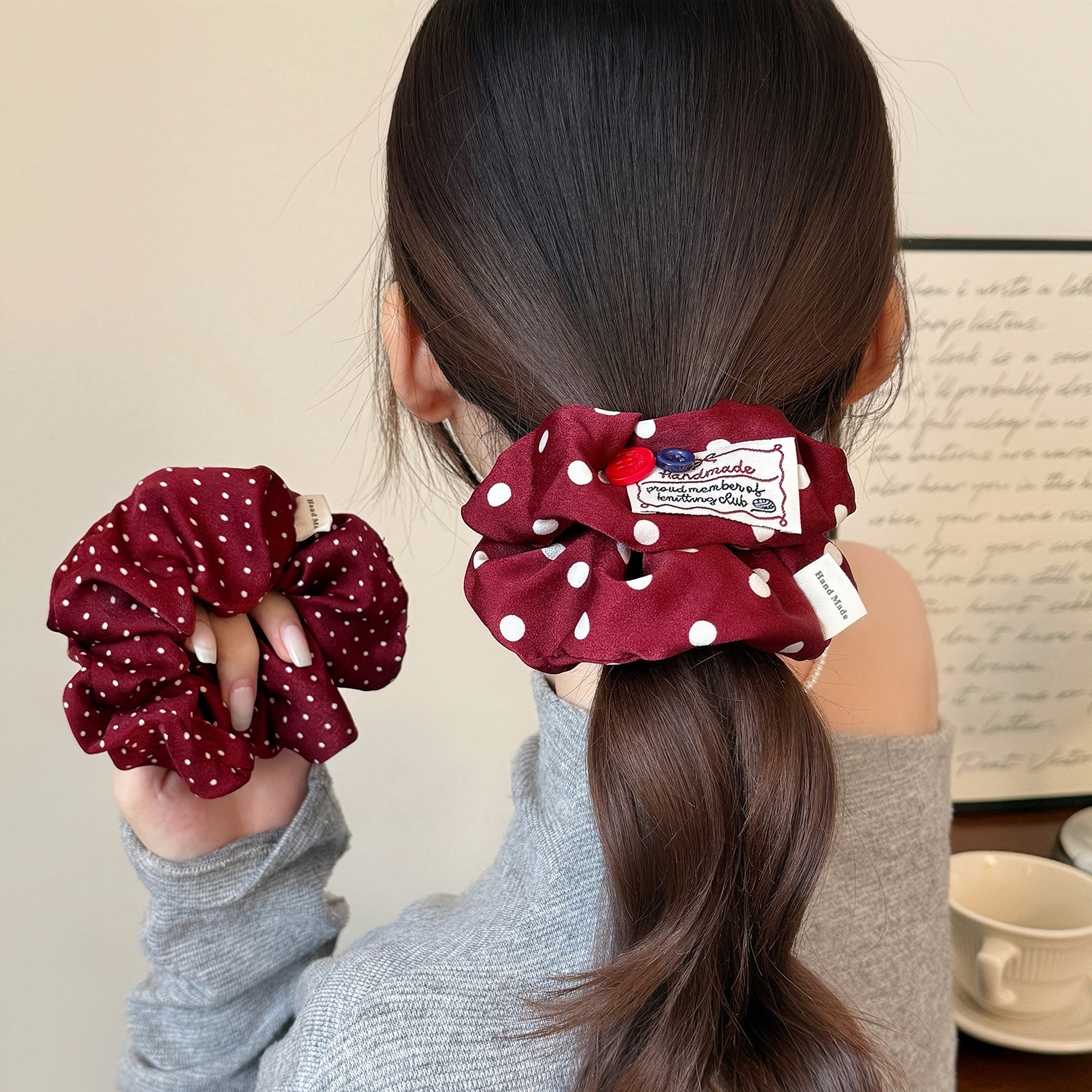 Women's Versatile Fabric Low Ponytail Elastic Hair Ties Red Polka Dot