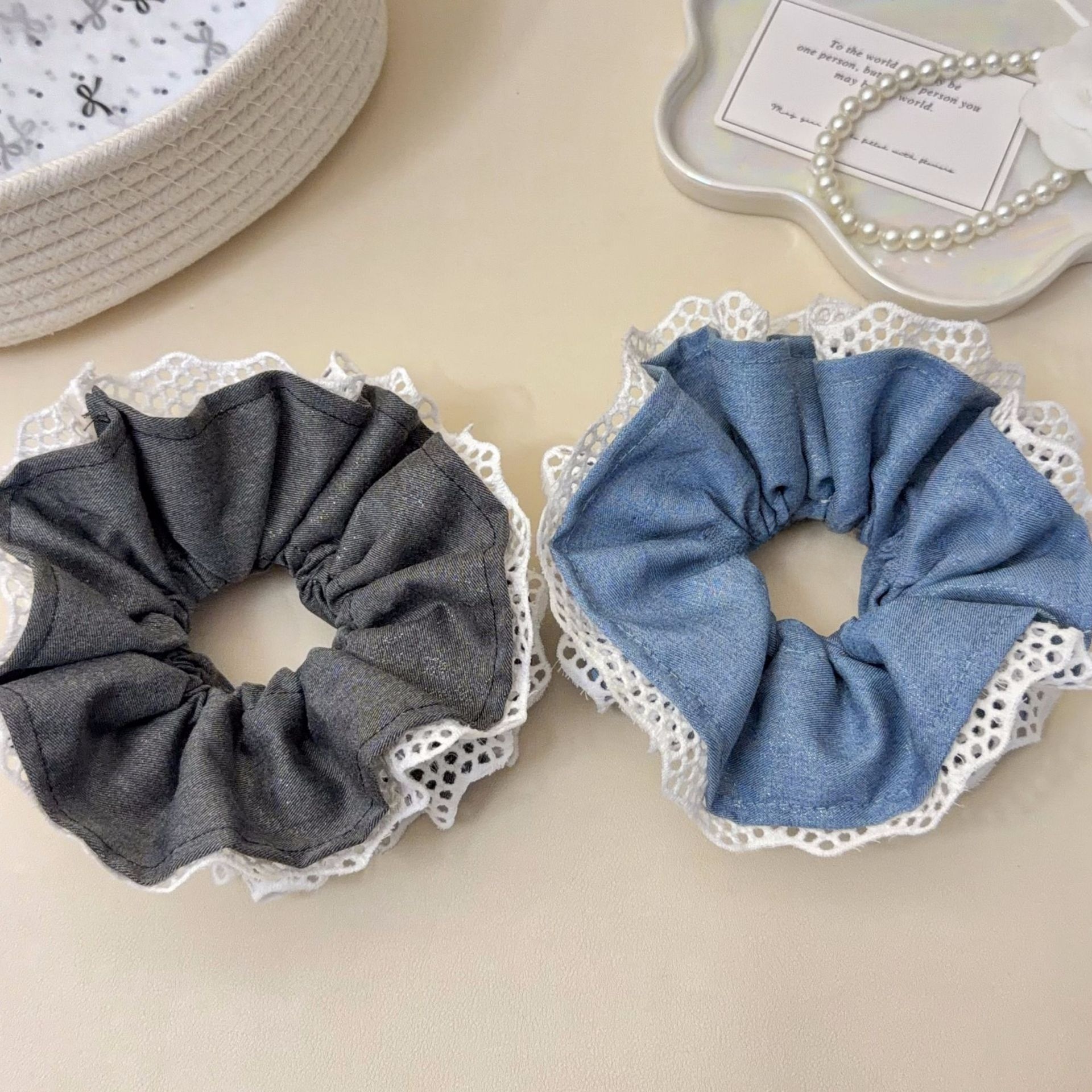 Women's Spring Lace Cloth Hair Tie Scrunchie Grey And Black Splicing