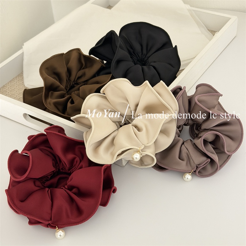 Women's Elegant Double-Layer Satin Flower Bow Hair Tie with Pearl Hanging Detail