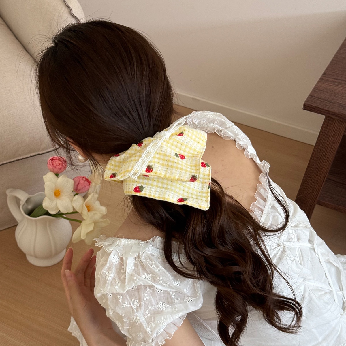 Women's Sweet Strawberry Plaid Lace Bow Scarf Hair Tie Cloth Ponytail Band