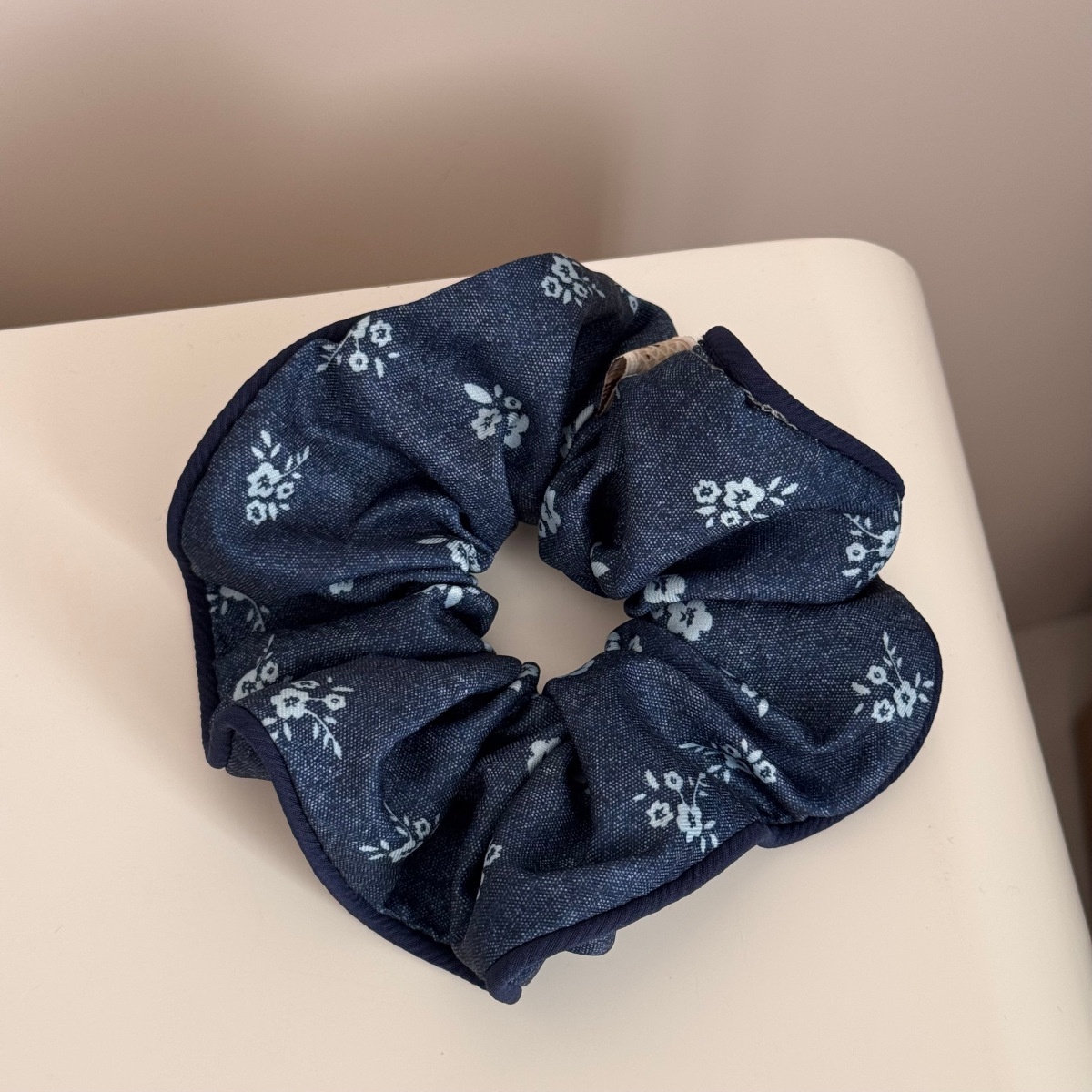 Women's French Style Cloth Spring Hair Tie Navy Blue Floral Plaid
