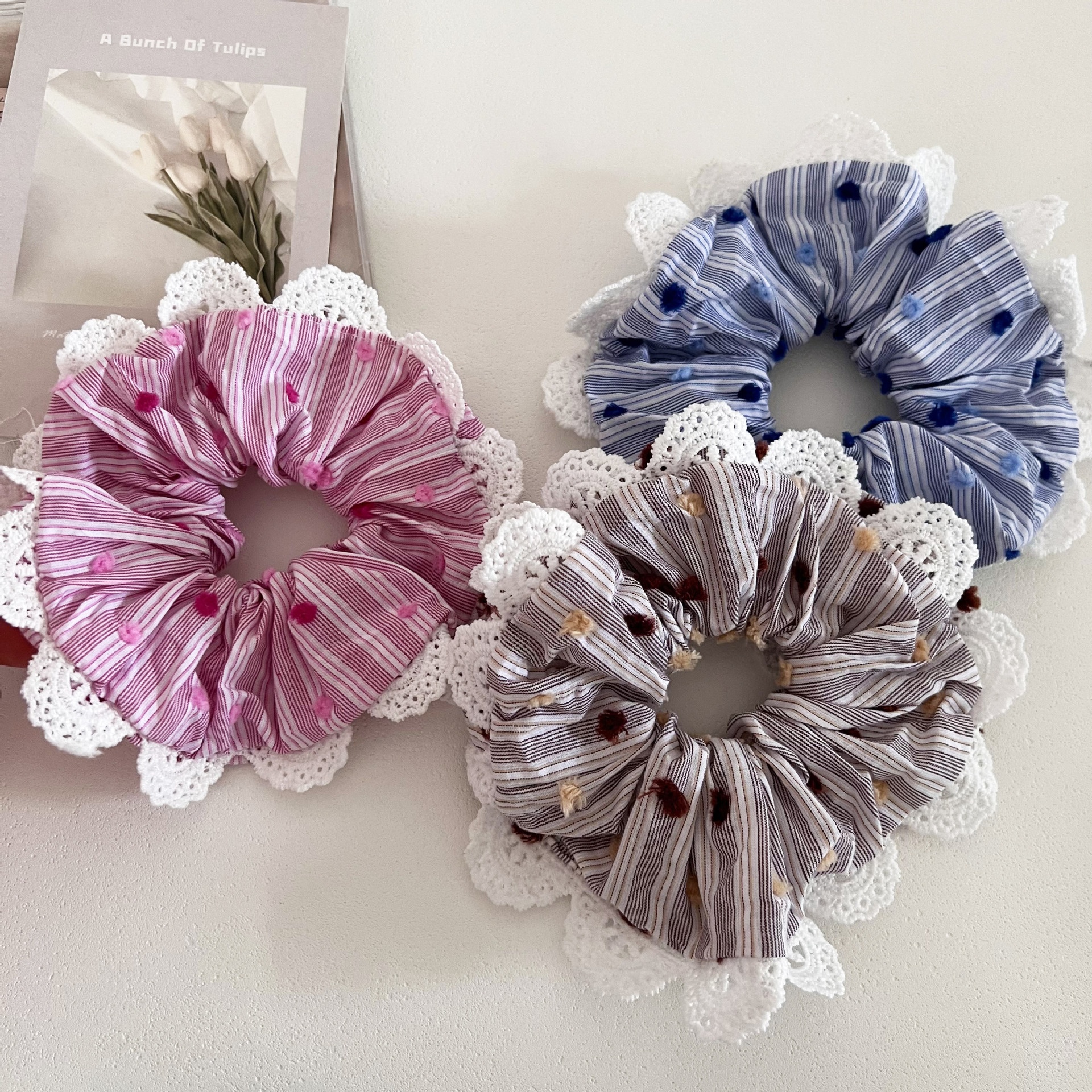 Women's Handmade Fabric Hair Bun Scrunchie Striped Polka Dot Lace Pink Blue