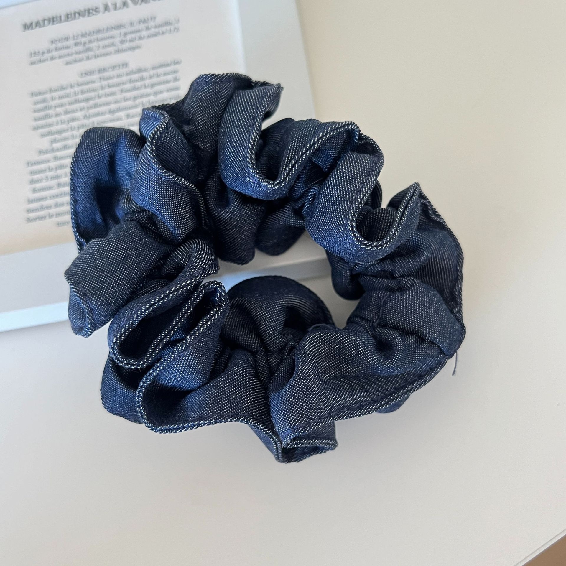 Women's Vintage Fabric Scrunchie Hair Tie for Daily Wear Navy Blue Polka Dot