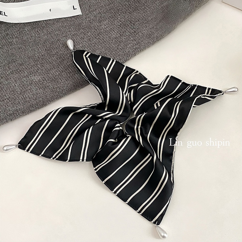 Women's All-Season Soft Satin Pearl Hair Tie Striped Beige Black