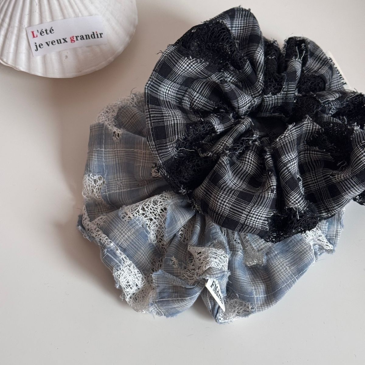 Women's Elegant Cloth Hair Styling Scrunchie Blue Checkered Lace
