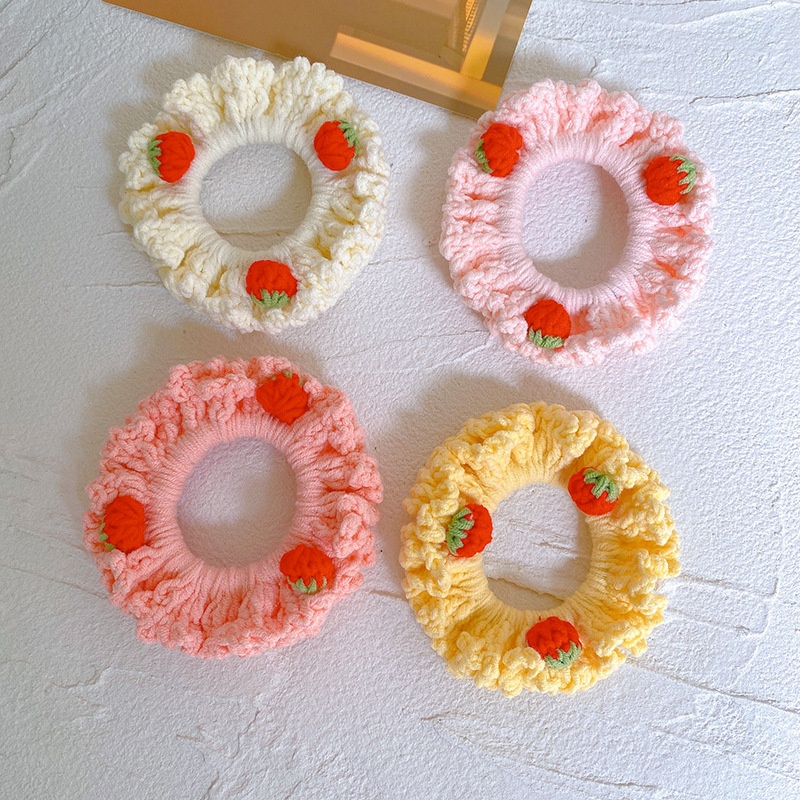 Women Girls Winter Wool Knitted Bow Hair Tie Creamy Strawberry