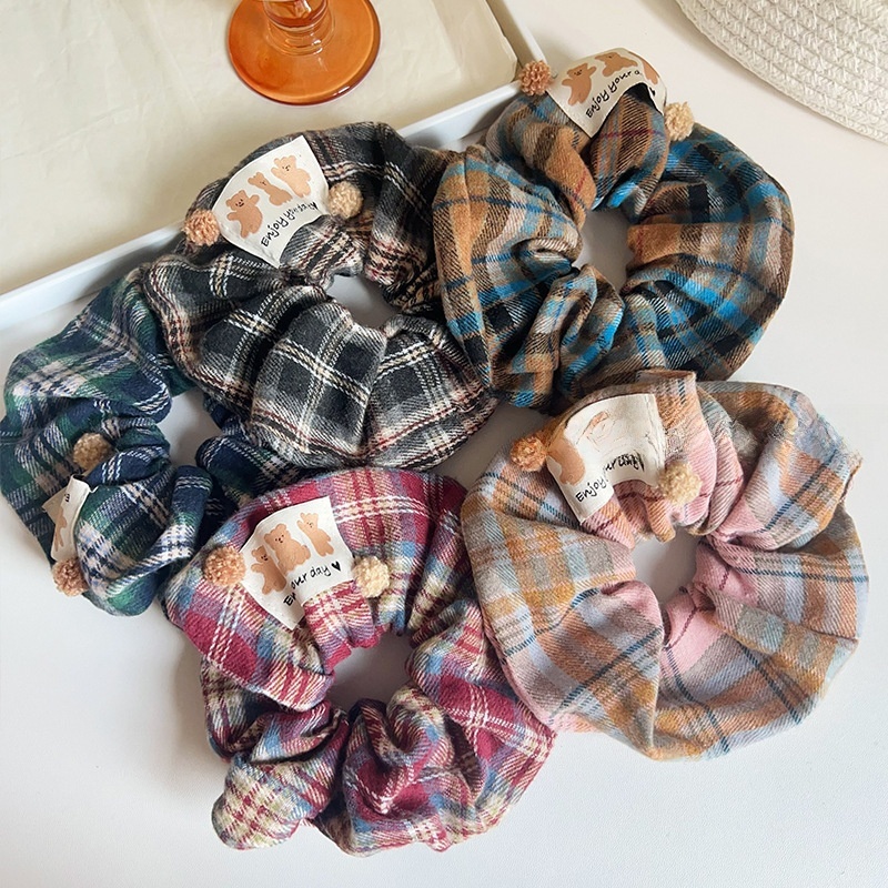 Women's Autumn Styling Cloth Hair Tie Grey Plaid Little Bear Pattern