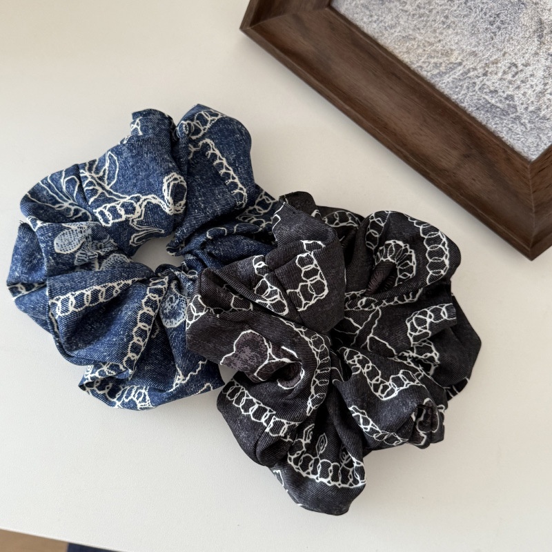 Women's Elegant Denim Blue Satin Hair Ties Large Silky Fashion Headscarves