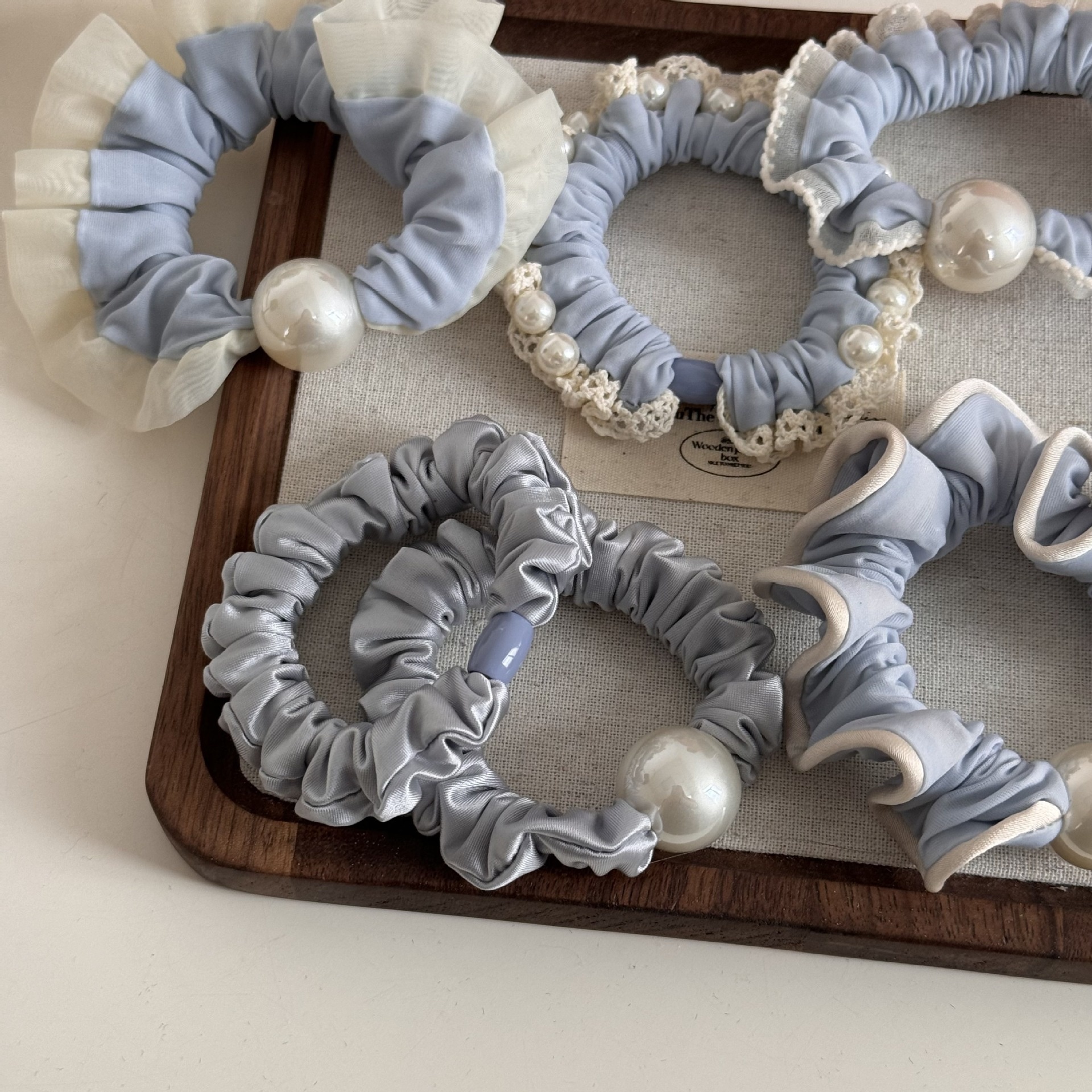 Women's Spring Satin Artificial Pearl Hair Tie Rubber Band Blue