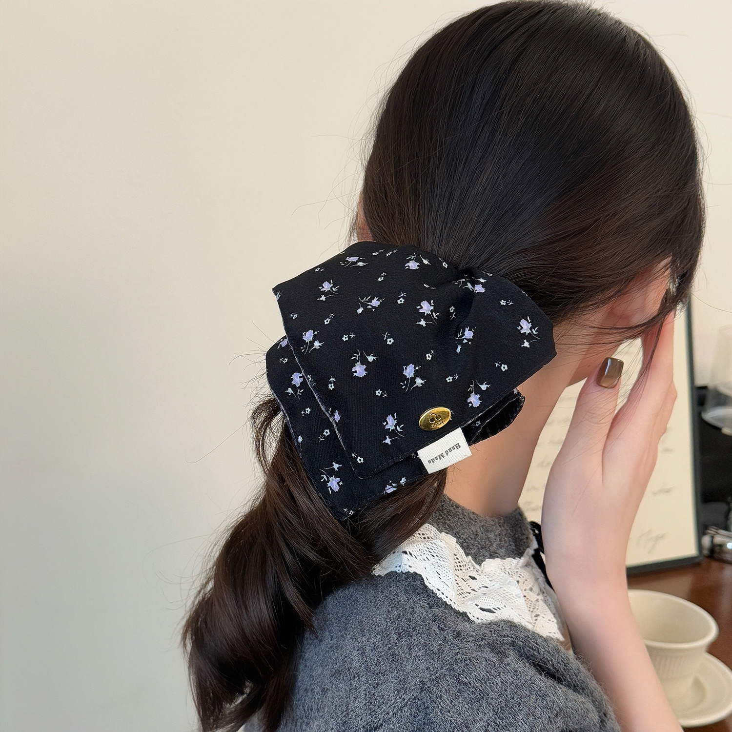 Women's Vintage Autumn Winter Cloth Hair Tie Coffee Ditsy Floral