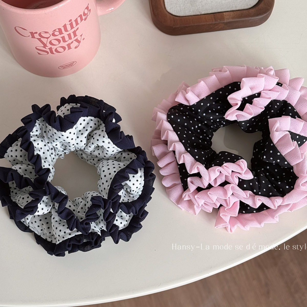 Women's Everyday Soft Cloth Scrunchie Hair Tie Pink Polka Dots Lace