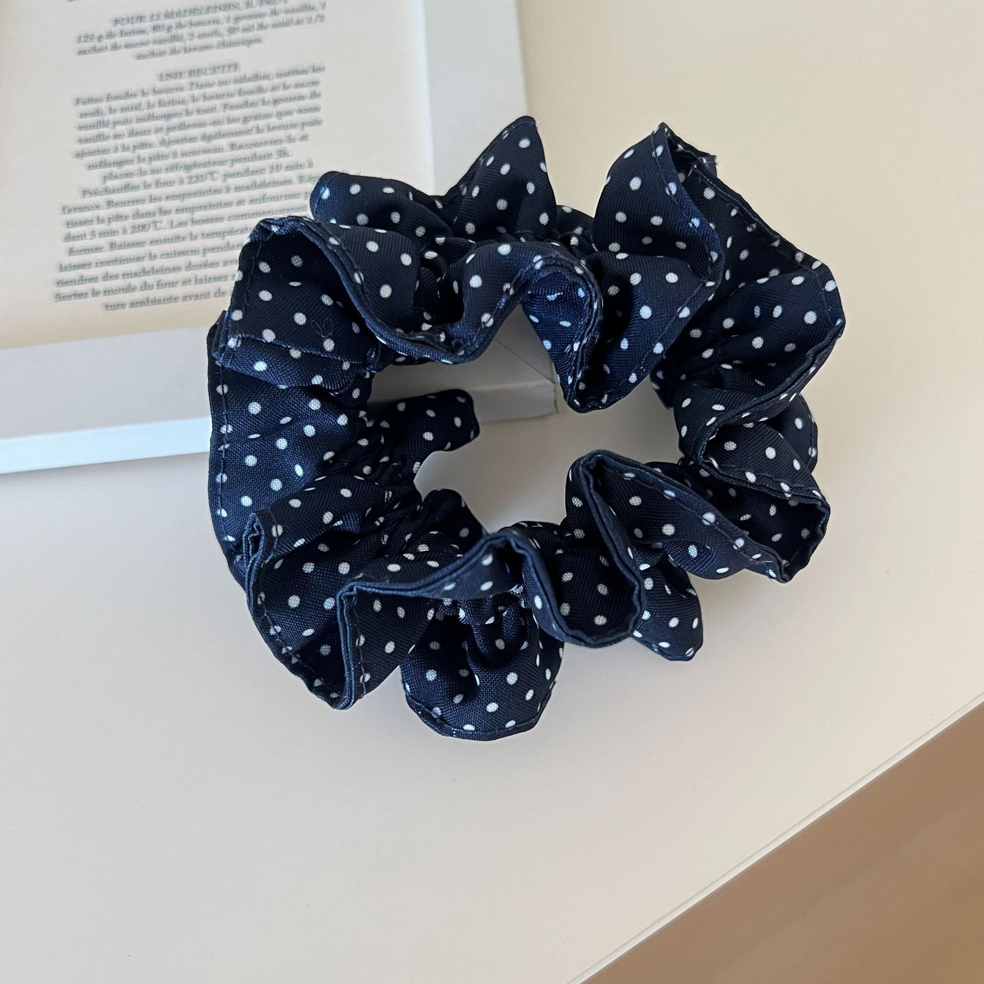 Women's Vintage Fabric Scrunchie Hair Tie for Daily Wear Navy Blue Polka Dot