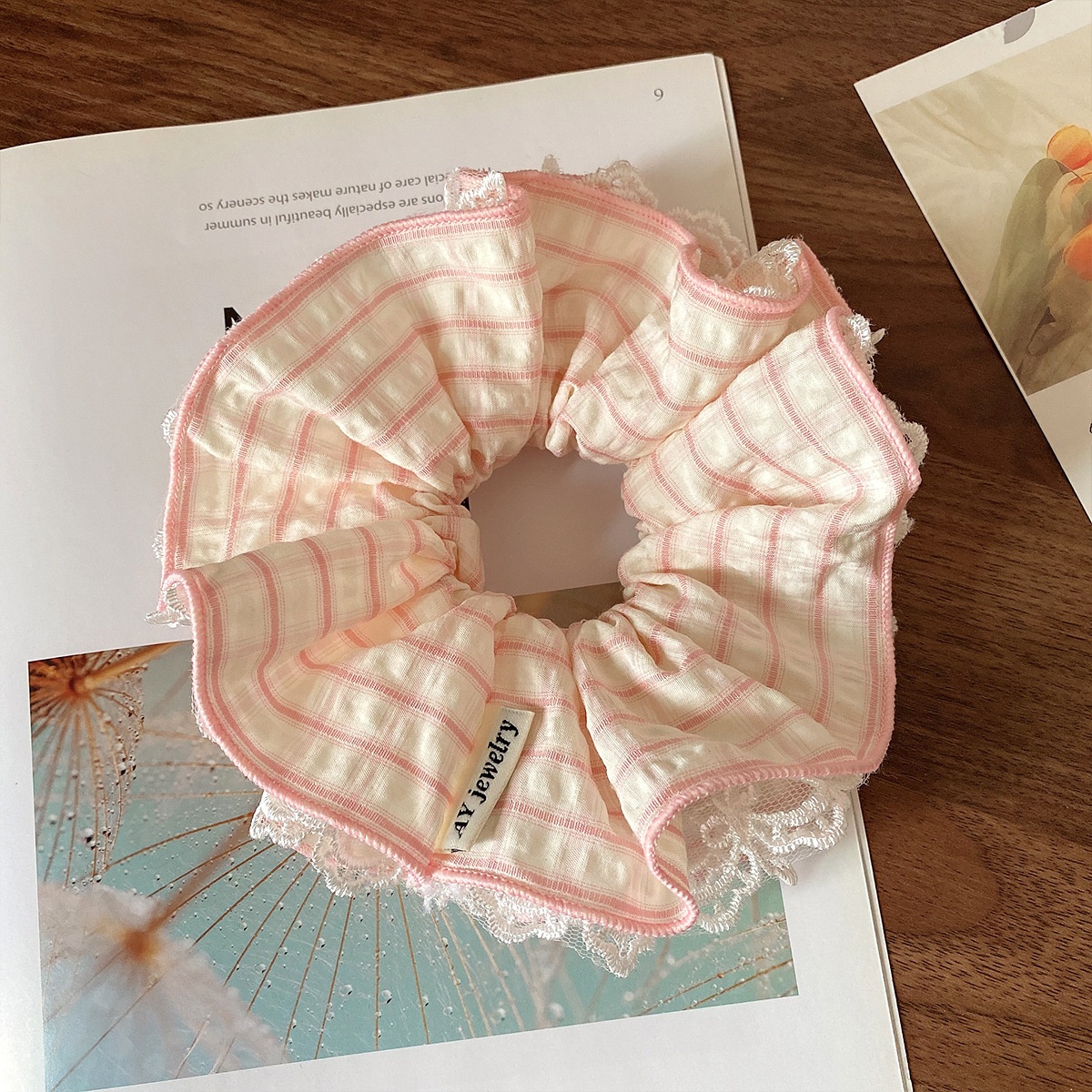 Women's Sweet Spring Soft Cloth Lace Bowknot Hair Tie Green Plaid