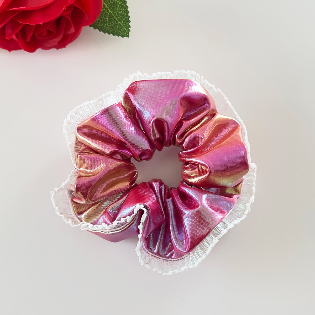 Women Festive Large PU Leather Hair Tie Laser Cut Lace Pink Rose Gold