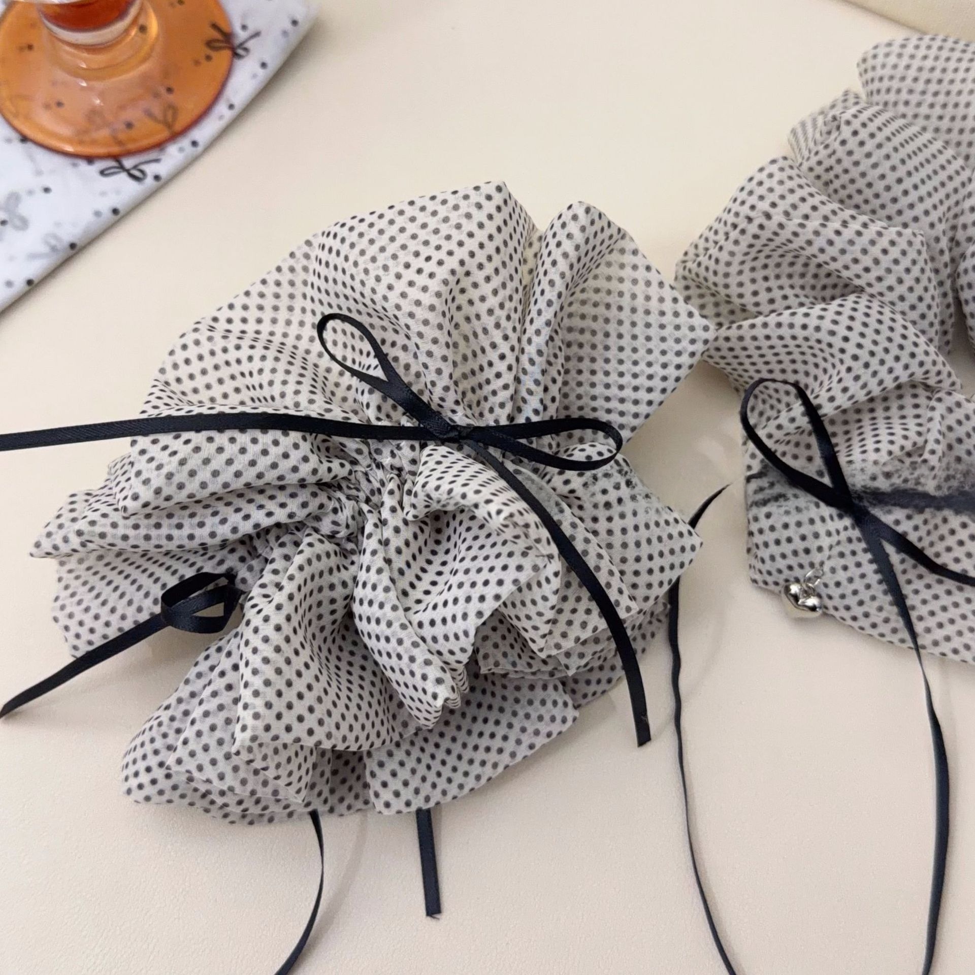 Women's All-Season Gauze Hair Scrunchie Beige Polka Dots Bow Knot