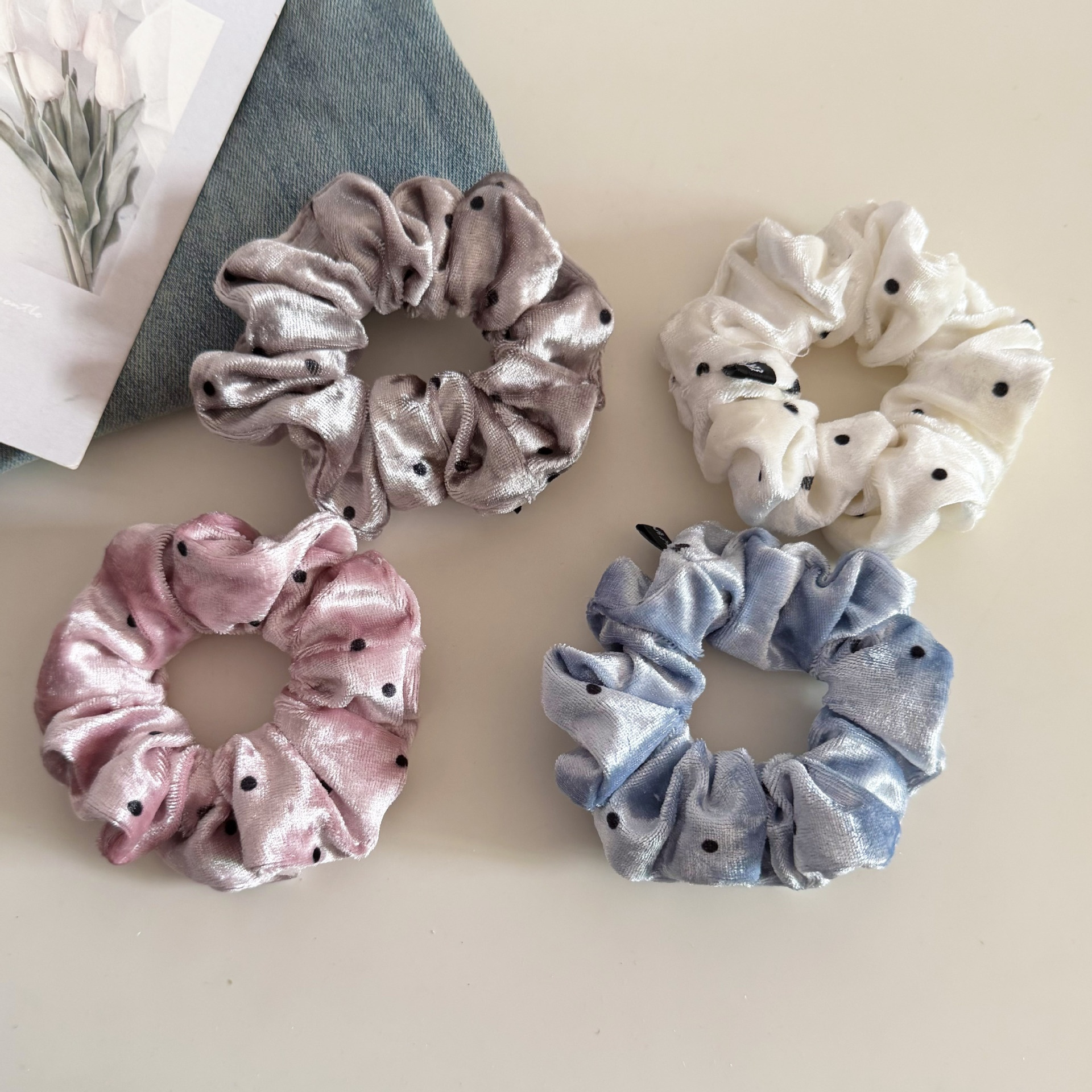 Women's Velvet Hair Scrunchie Ball Head Tie All Seasons Polka Dot