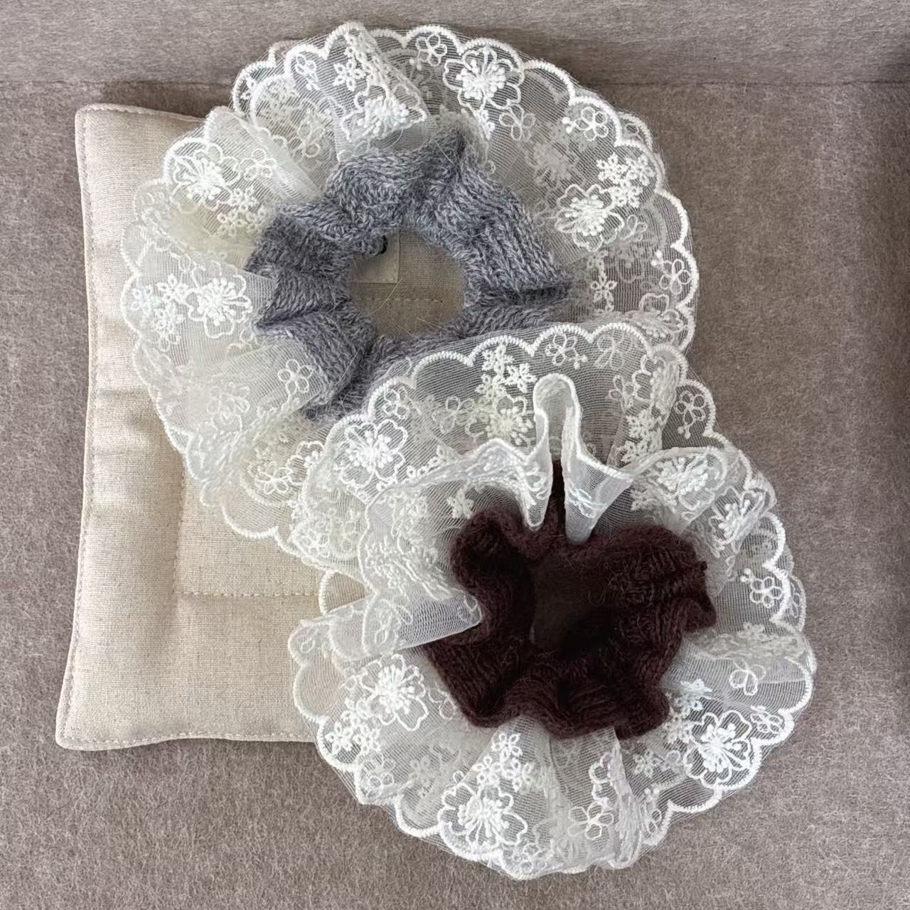 Women's Gray Knitted Lace Hair Ties Autumn Winter Fashionable Ponytail Bands