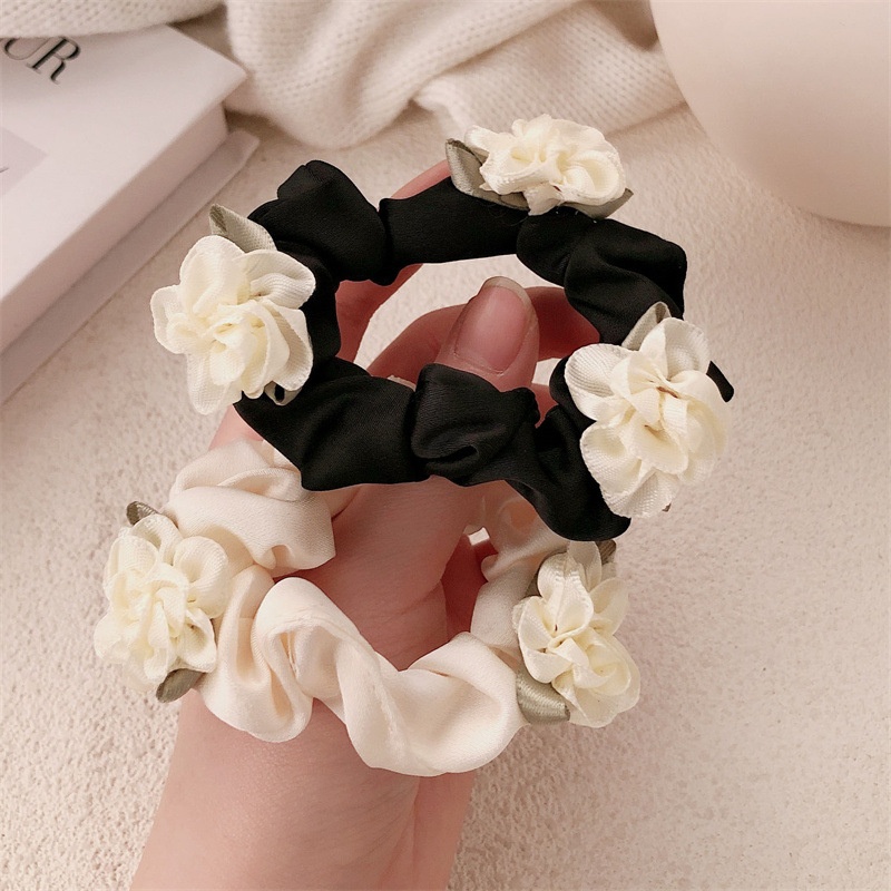 Women's Spring Fairy Satin Elastic Hair Tie Beige Black Jasmine Flower