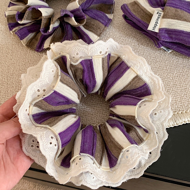 Women's Luxury Cloth Oversized Bow Hair Tie Purple Brown Striped