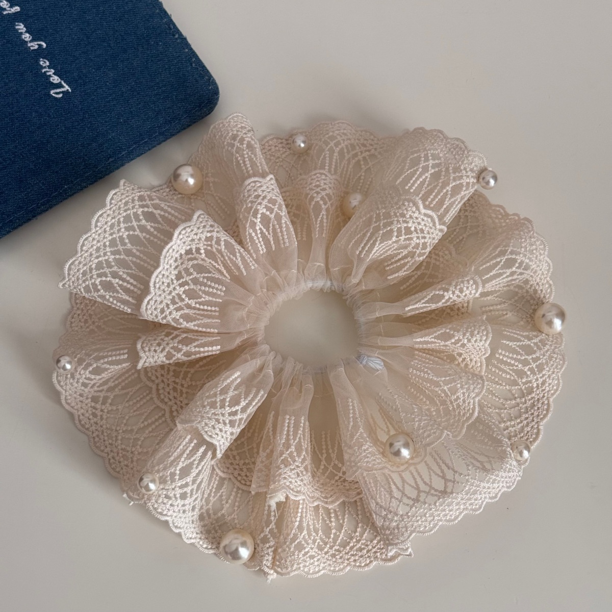 Women's Sweet Spring Soft Cloth Hair Tie Beige Floral Pearl Lace