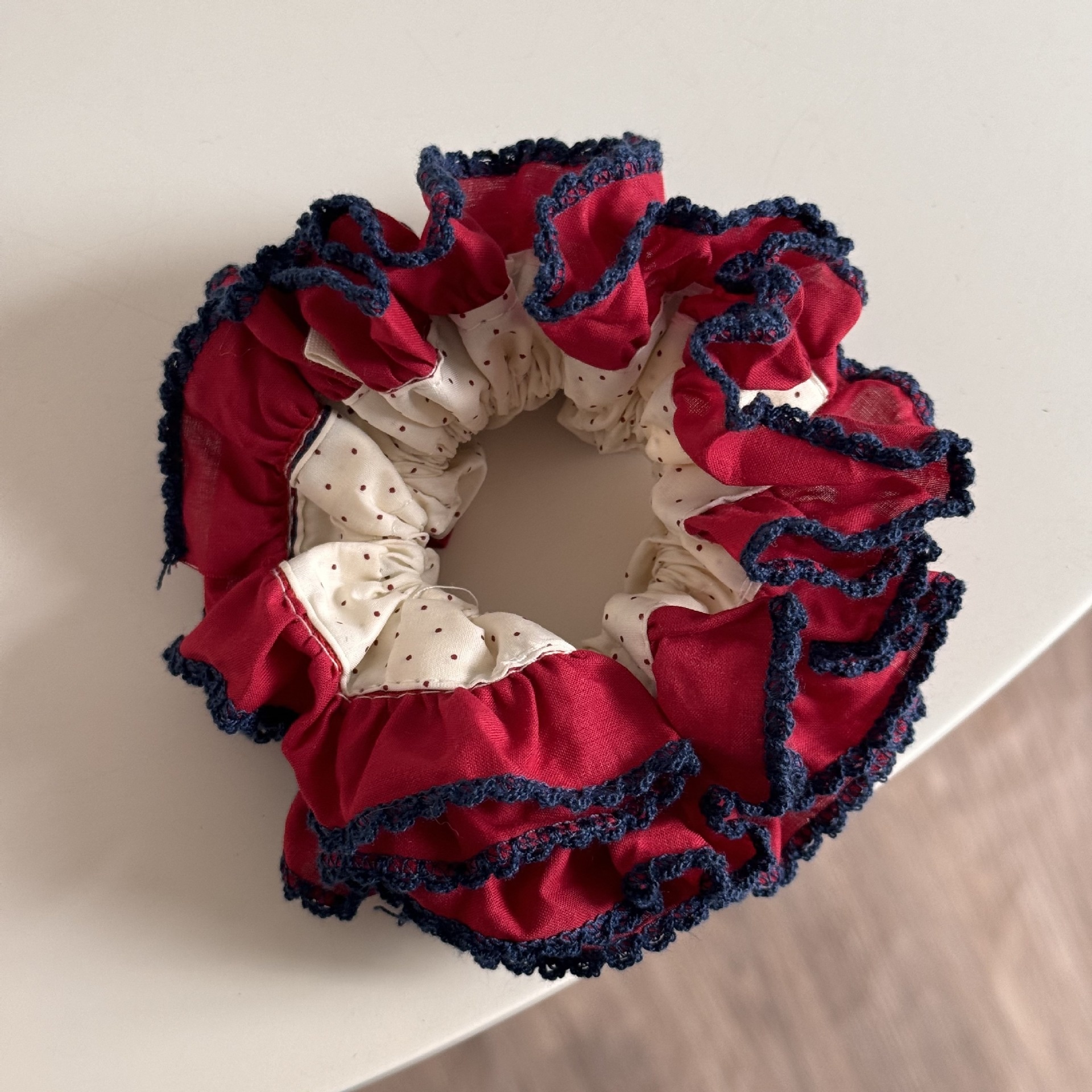 Women's Soft Cloth Hair Tie For Daily Wear Beige And Red Polka Dots