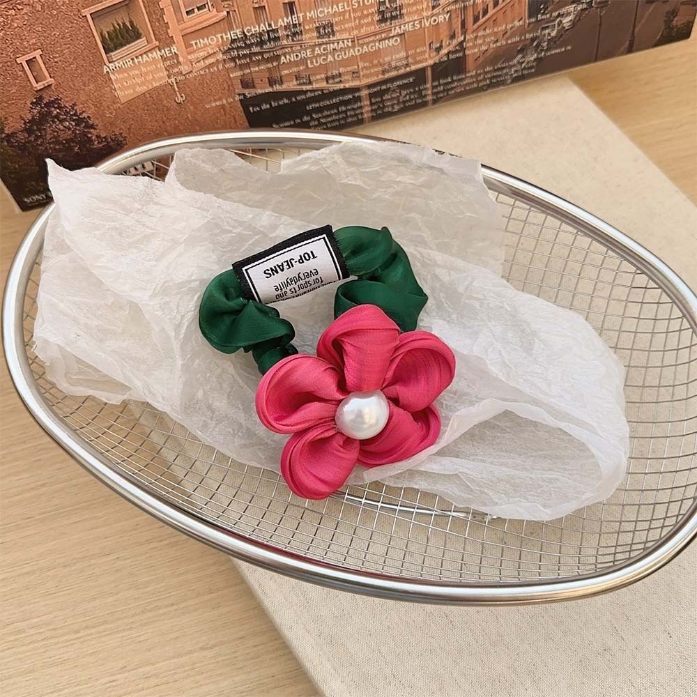 Women's Retro Satin Pearl Elastic Ponytail Holder Summer Floral Hairband