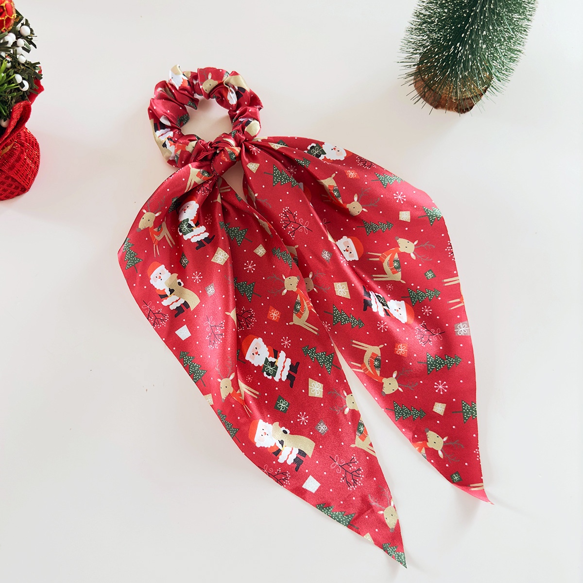Women's Silk Scarf Bowknot Elastic Hair Tie Festive Christmas Style