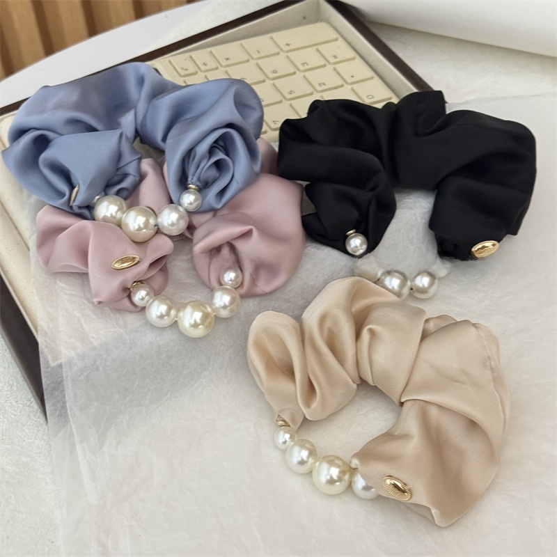 Women's Elegant Summer Satin Pearl Scrunchie Hair Tie Solid Pink