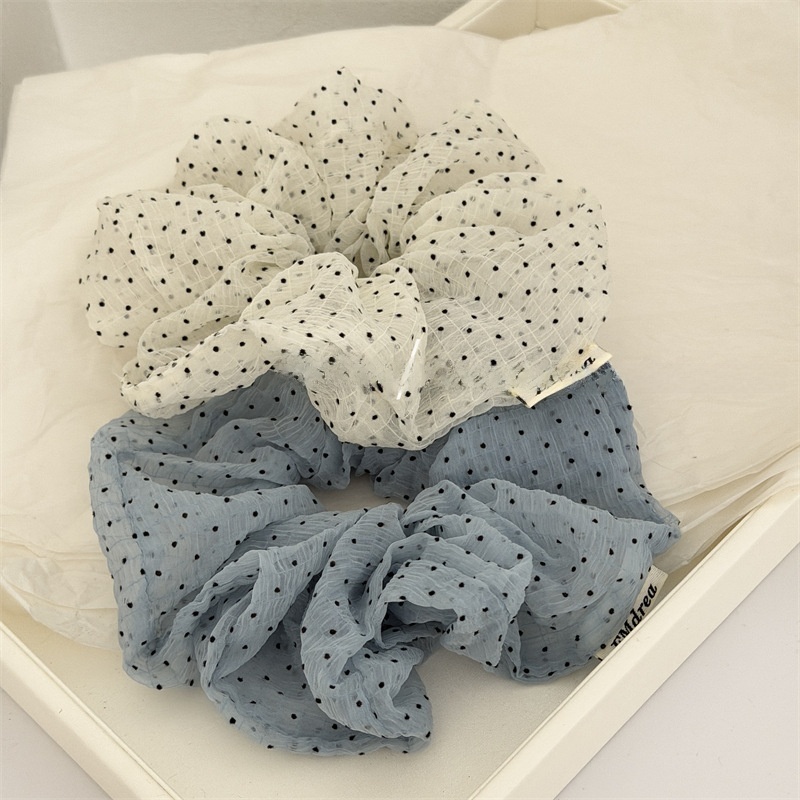 Women's Soft Tulle Ponytail Holder Hair Tie White and Blue Polka Dots