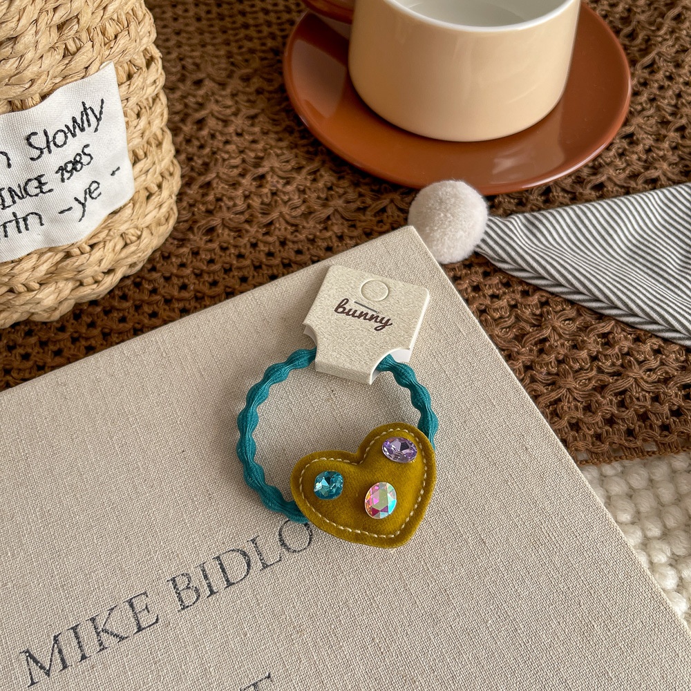 Girls High Elastic Velvet Bubble Hairband Rhinestone Heart Shape