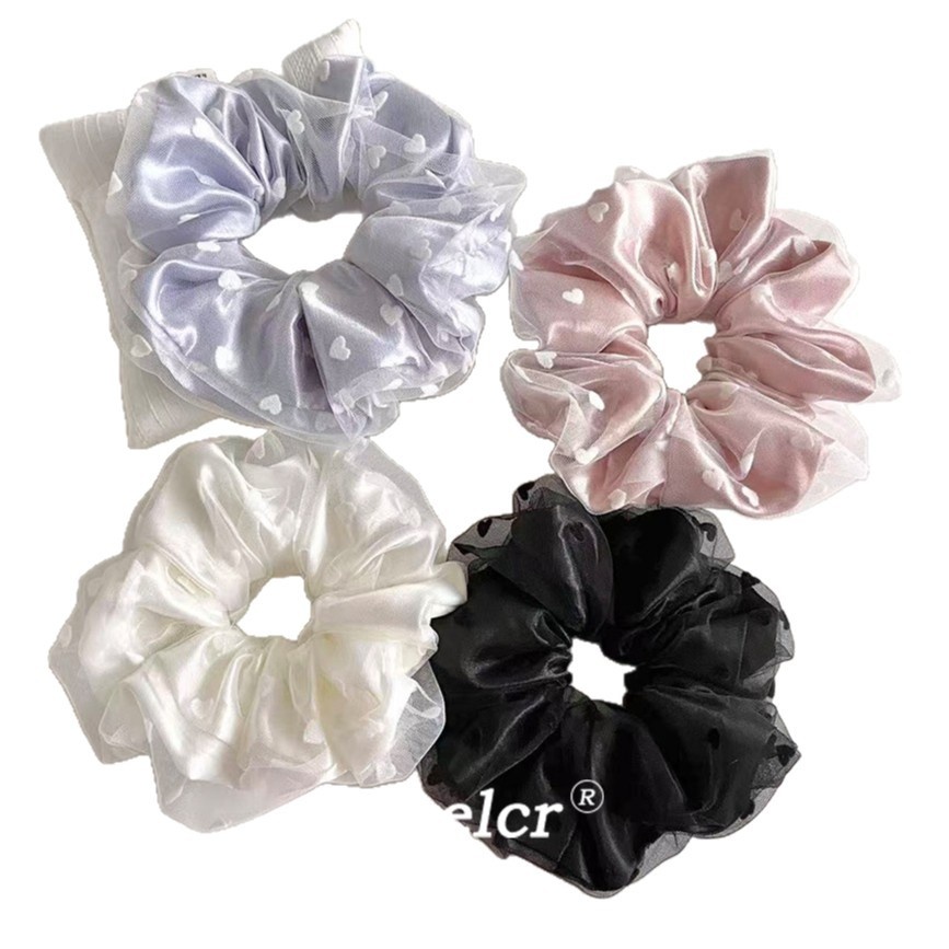 Women's Sweet Gauze Hair Tie Flocking Heart Shape White Pink Blue Black