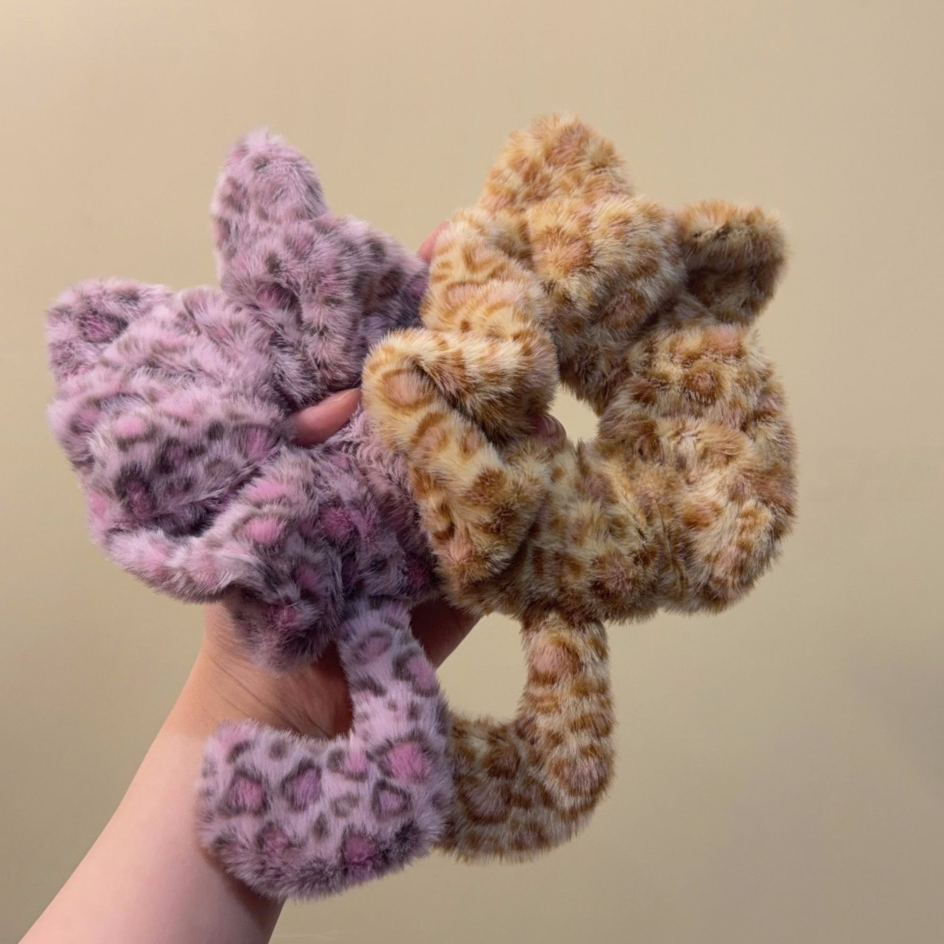 Women's Plush Animal Hair Tie, Purple Leopard Print Autumn Winter Accessory