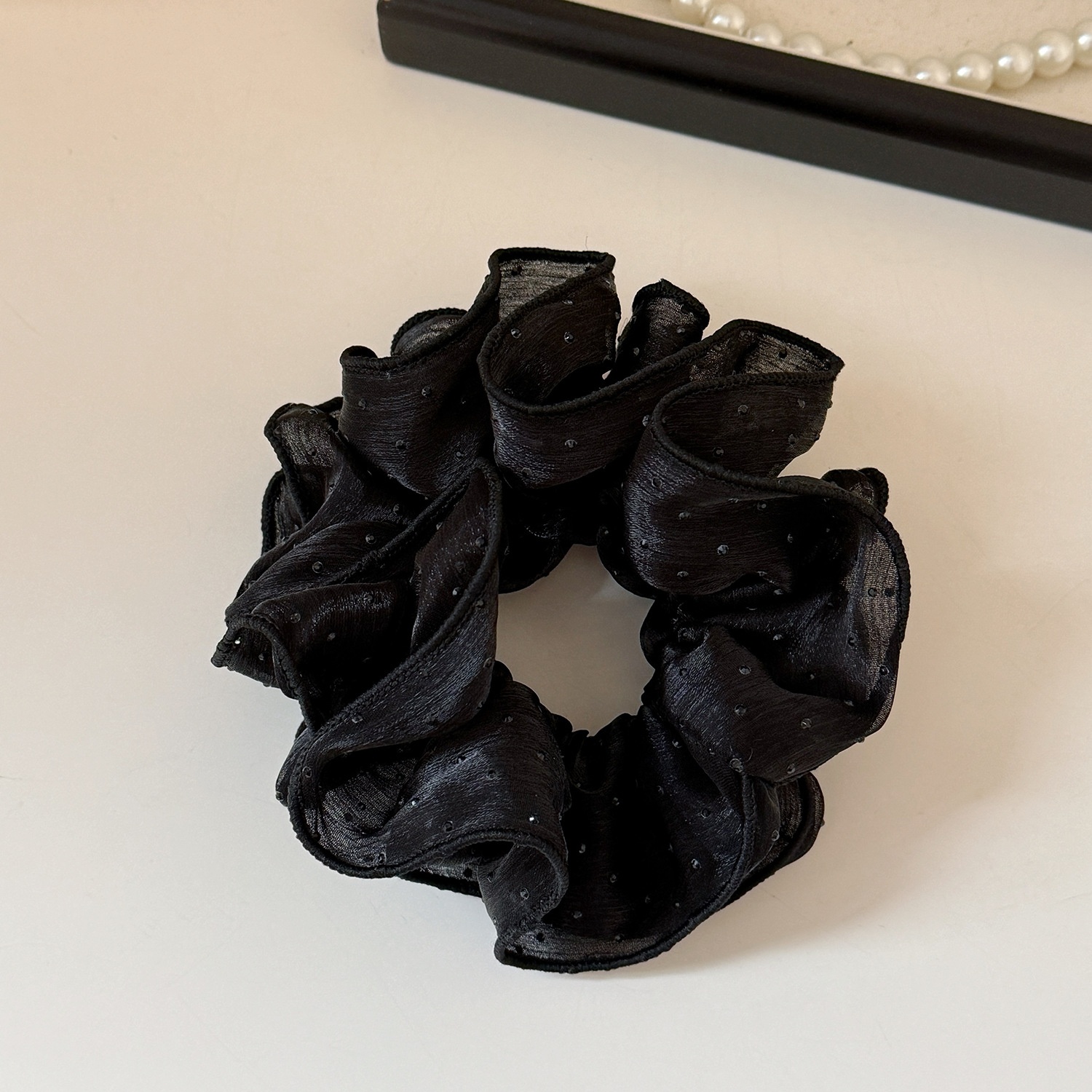 Women's Sweet Gauze Hair Tie For Daily Wear Black And Pink Polka Dots