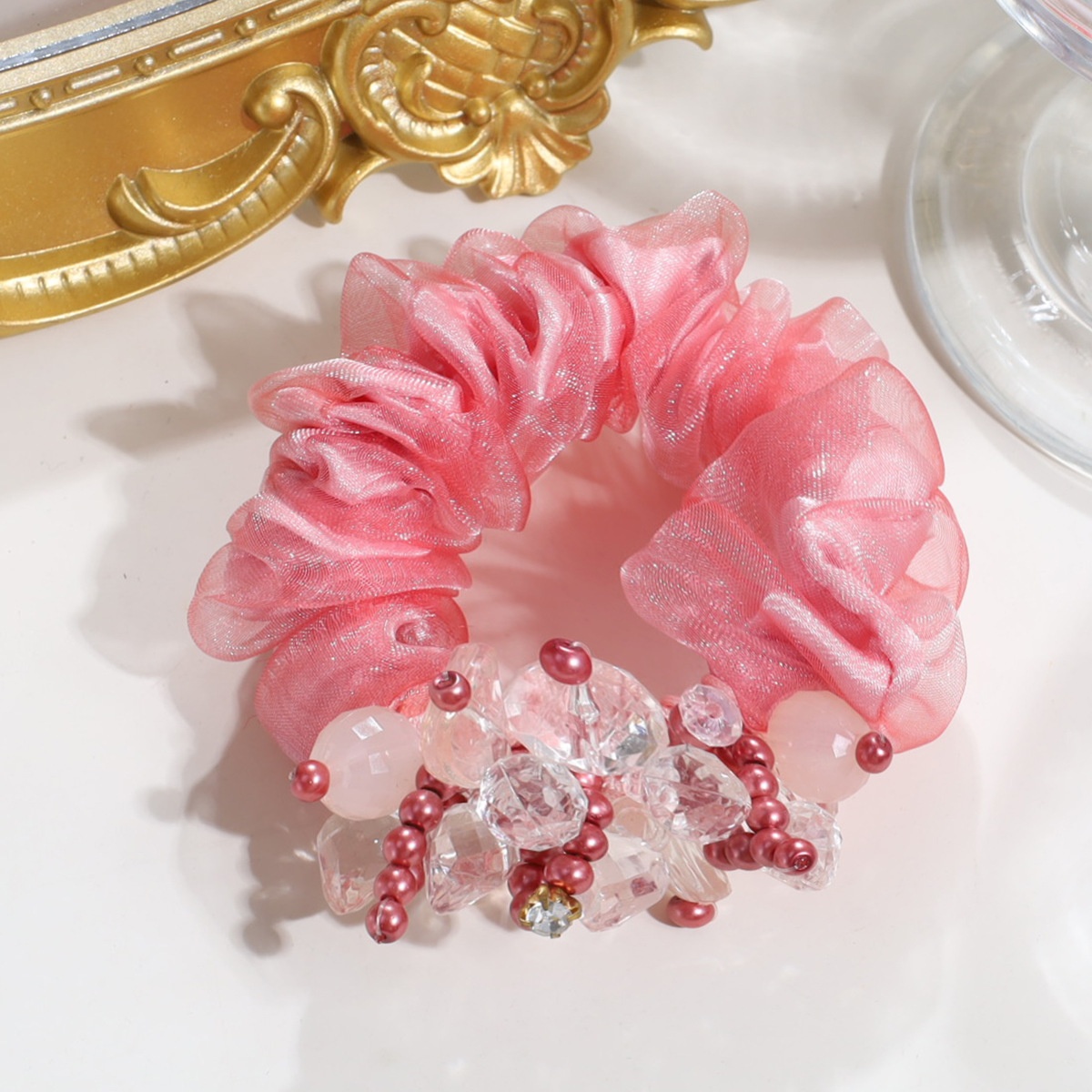 Women's Elegant Organza Hair Tie With Pearl Rhinestone Flower Tassel