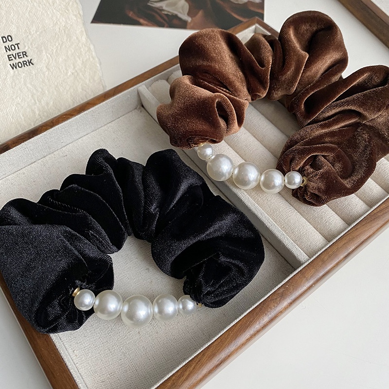 Women Pearl Velvet Winter Scrunchie Elastic Hair Tie Solid Black Red