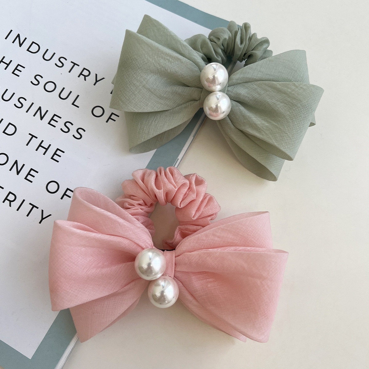 Women's French Pearl Bowknot Hair Ties Elegant Rose Cloth Elastic Band