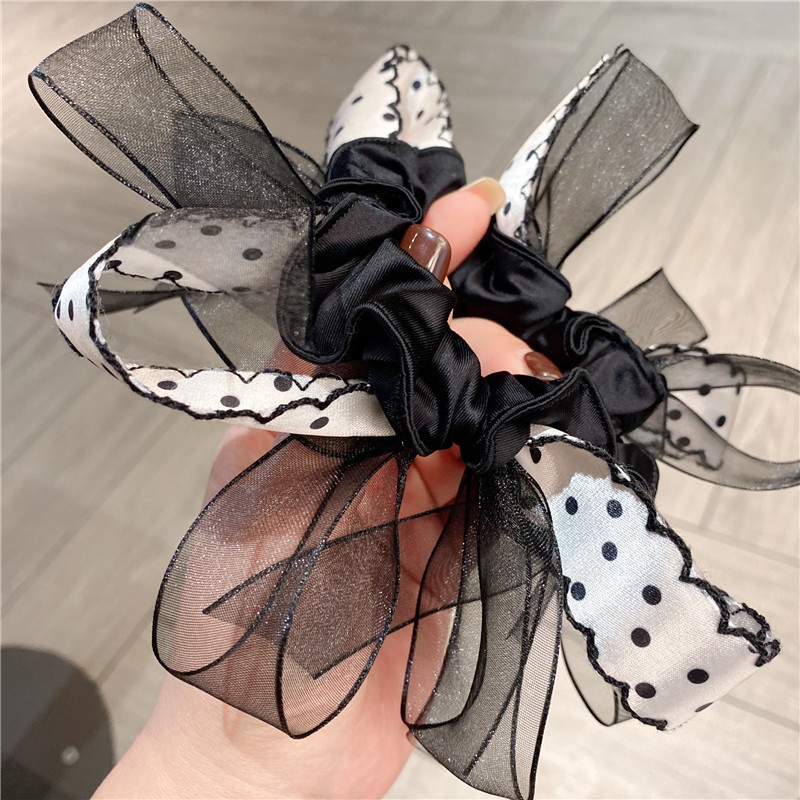 Women's Voluminous Gauze Lazy Hair Scrunchie Polka Dot Bow Knot