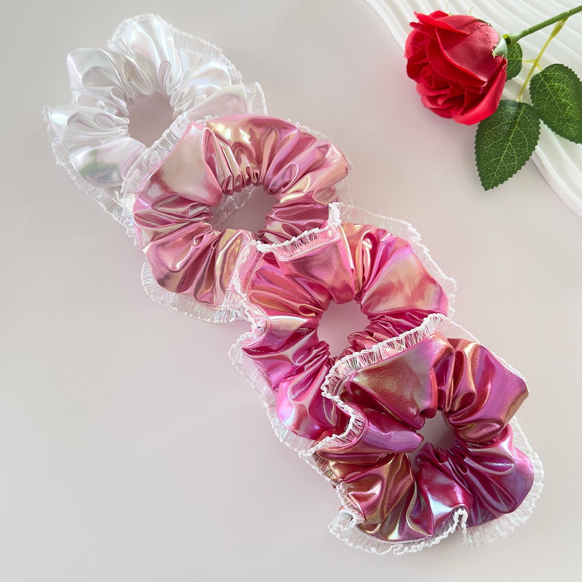 Women Festive Large PU Leather Hair Tie Laser Cut Lace Pink Rose Gold