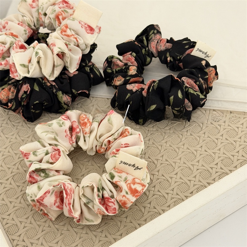 Women's Minimalist Fabric Hair Tie For Ponytails Beige Black Floral Print