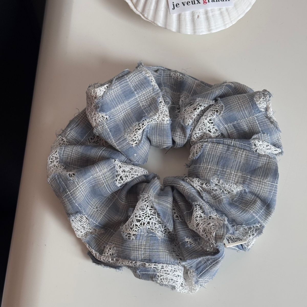Women's Elegant Cloth Hair Styling Scrunchie Blue Checkered Lace