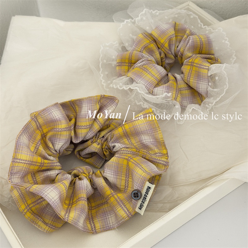 Women's Spring Soft Cloth Hair Tie Accessories Yellow Plaid Lace