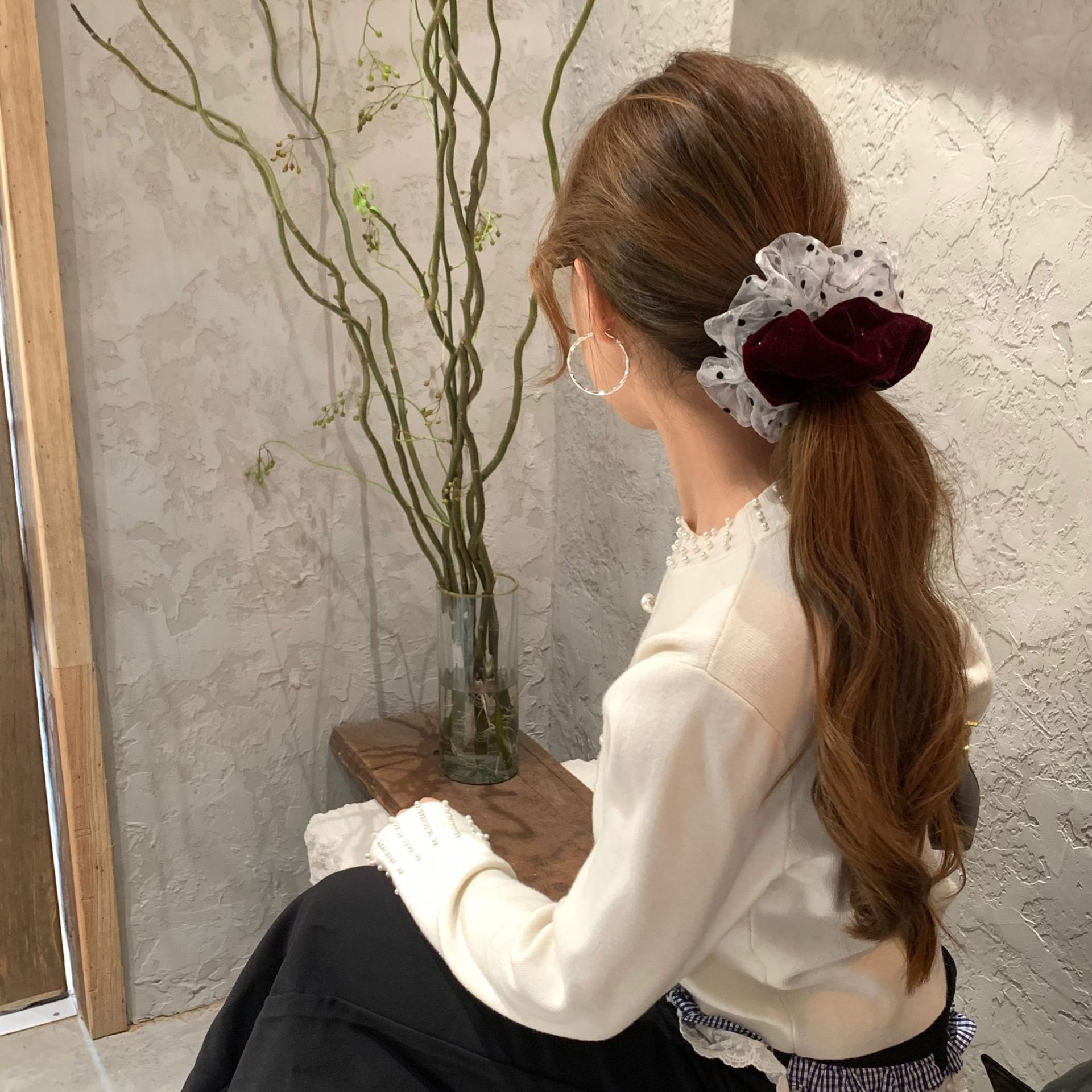 Women's Elegant Velvet Polka Dot Hair Tie Gradient Autumn Winter Scrunchie