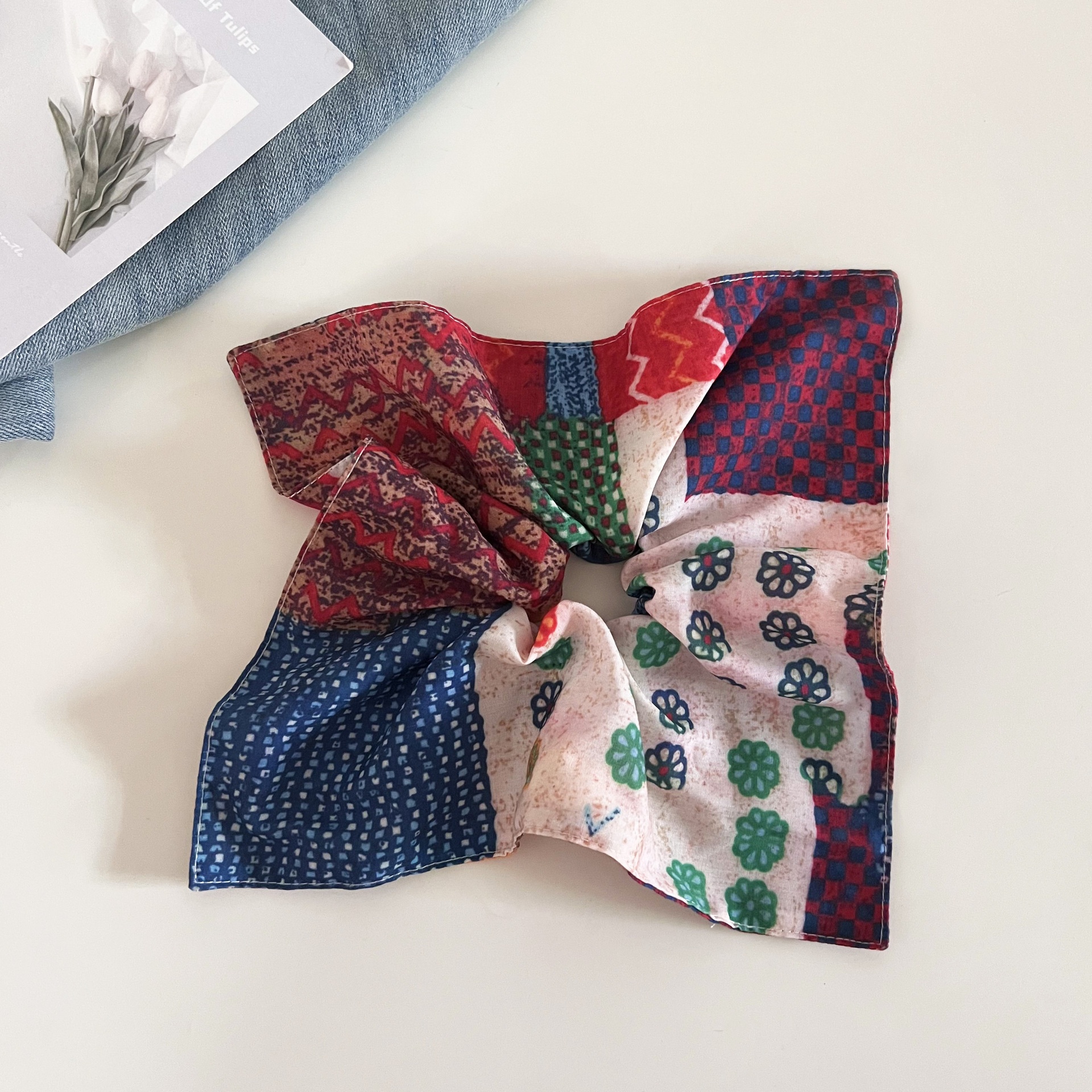 Women's Holiday Cloth Scarf Knot Hair Tie Vintage Floral Plaid